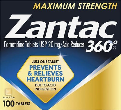 Zantac 360 Maximum Strength Tablets, 100 Count, Heartburn Prevention and Relief, 20 mg