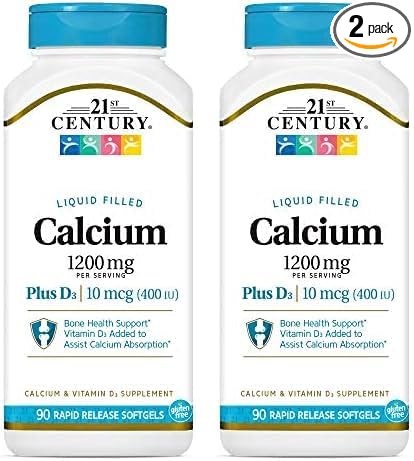 21st Century Calcium Plus D3 Liquid Filled Softgel, 1200 mg, 90 Count (Pack of 2)