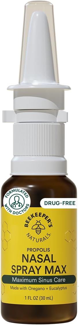 Beekeeper's Naturals Propolis Nasal Rinse Spray Max, Relief for Adults w/Eucalyptus, Oregano & Saline, Clears Nasal Congestion, Moisturizes Sinus Canal, & Decongest Sinus Cavities, 1 fl oz