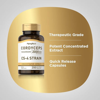 Piping Rock Cordyceps Mushroom Capsules 2000mg | 200 Count | CS-4 Strain | Concentrated Extract | Herbal Supplement | Non-GMO, Gluten Free