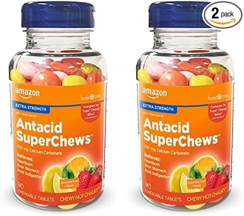 Amazon Basic Care Extra Strength Antacid SuperChews Chewable Tablets, Assorted Fruit, 90 Count (Previously SoundHealth) Orange, Pink, Yellow (Pack of 2)