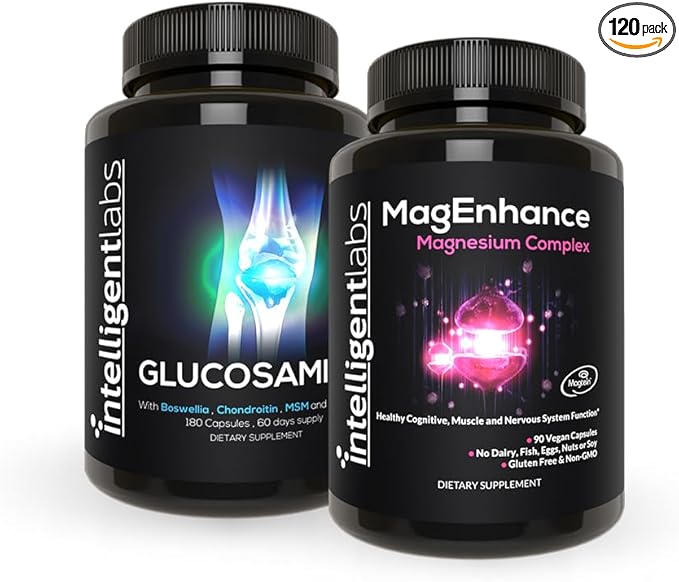 Intelligent Labs 2-in-1 Bundle of MagEnhance Triple Magnesium Complex (Magnesium Threonate Supplement with Mg Taurate and Mg Glycinate) + Glucosamine and Chondroitin Joint Care Complex with MSM