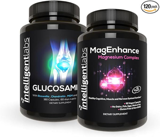 Intelligent Labs 2-in-1 Bundle of MagEnhance Triple Magnesium Complex (Magnesium Threonate Supplement with Mg Taurate and Mg Glycinate) + Glucosamine and Chondroitin Joint Care Complex with MSM