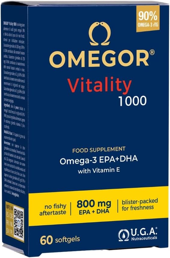 OMEGOR Omega 3 Fish Oil Supplement IFOS Certified Vitality 1000 with 800mg EPA and DHA per Capsule - No Fishy Aftertaste, Non-GMO (60 Softgels)