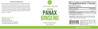 Antler Farms - 100% Pure, Red Panax Ginseng Extract, 180 Capsules, 500mg - From Slow-Grown Ginseng Root in the Changbai Mountains, 10% Ginsenosides