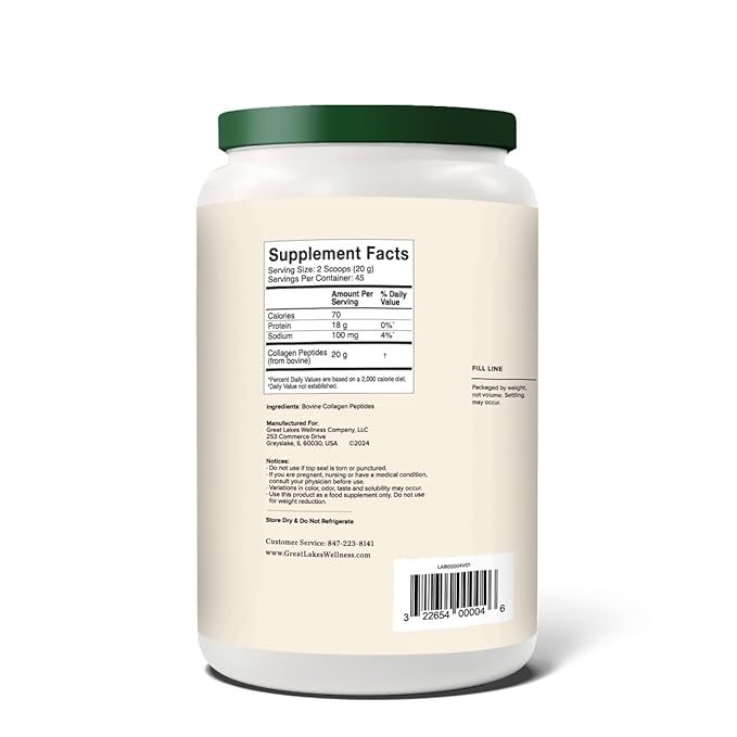 Great Lakes Wellness Bovine Collagen Peptides Powder for Skin, Hair, Nails, Joints & Digestion - Unflavored - Quick Dissolve Hydrolyzed, Wild Caught, MSC Certified, Non-GMO, Kosher - 32 oz