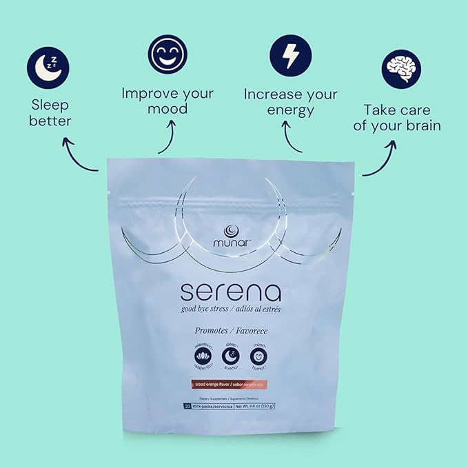 Munar Serena Magnesium Drink Mix, Blood Orange, Magnesium Glycinate and Ashwagandha Supplement, L Theanine – Calm Support, Stress Relief, Mood Boost, and Sleep Aid – 20 On-The-Go Stick Packs