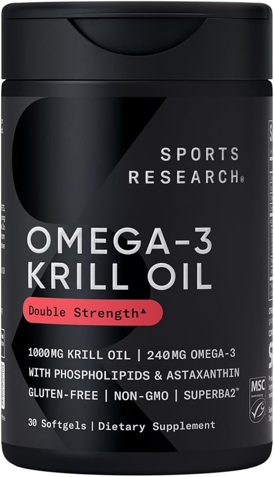 Sports Research Krill Oil Supplement with EPA & DHA Omega 3, Phospholipids & Astaxanthin from Antarctic Krill - Highest Concentration of Krill Oil for Men & Women - 1000mg, 30 Softgel Capsules