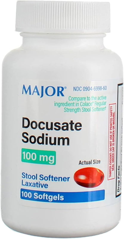 Major Docusate Sodium 100 mg - Stool Softener Laxative Softgels for Occasional Constipation Relief - Stool Softeners for Women, Men, and Kids - Stimulant-Free - 100 Softgels (8 Pack)
