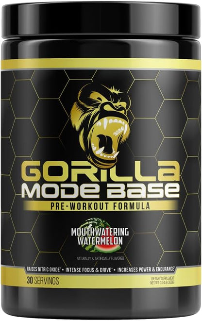 Gorilla Mind Base Pre Workout - Raises Nitric Oxide Intense Focus & Drive Endurance Power - L-Citrulline, L-Tyrosine, Betaine, Alpha-GPC, Caffeine, Huperzine A - 360 Grams (Watermelon)