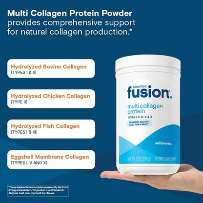 Bariatric Fusion Unflavored Multi Collagen Protein Powder | Hydrolyzed Collagen Peptides Powder Plus Joint Support Complex of MSM and Glucosamine | Type 2 | Dairy, Gluten & Soy Free | 30 Servings