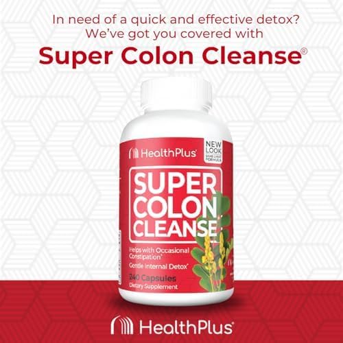 Health Plus Super Colon Cleanse 60 Day Supply of Gentle Gut Cleanse Detox, Psyllium Husk, Probiotics for Constipation Relief & Digestive Support, 240 Capsules
