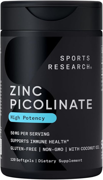 Sports Research High Potency Zinc Picolinate 50mg with Organic Coconut Oil | Highly Absorbable Zinc Supplement for Healthy Immune & Enzyme Function - Non-GMO Tested & Gluten-Free (120 Liquid Softgels)
