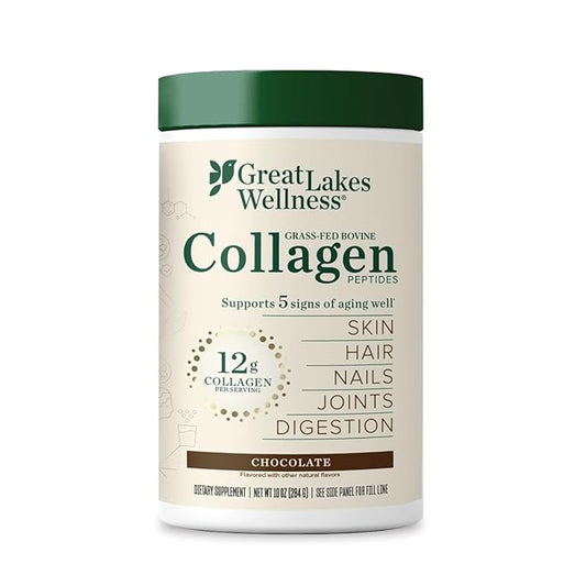 Great Lakes Wellness Collagen Peptides Powder for Skin, Hair, Nails, Joints & Digestion - Chocolate Flavored - Quick Dissolve Hydrolyzed, Non-GMO, Kosher - 10 oz