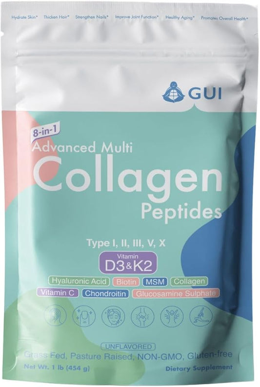 8in1 Advanced Multi Collagen Peptides, 16 Oz - Hydrolyzed Protein | Type I, II, III, V, X with Vitamin D3 & K2, Hyaluronic Acid, Biotin, Vitamin C, MSM, Glucosamine Sulphate & Chondroitin - Unflavored
