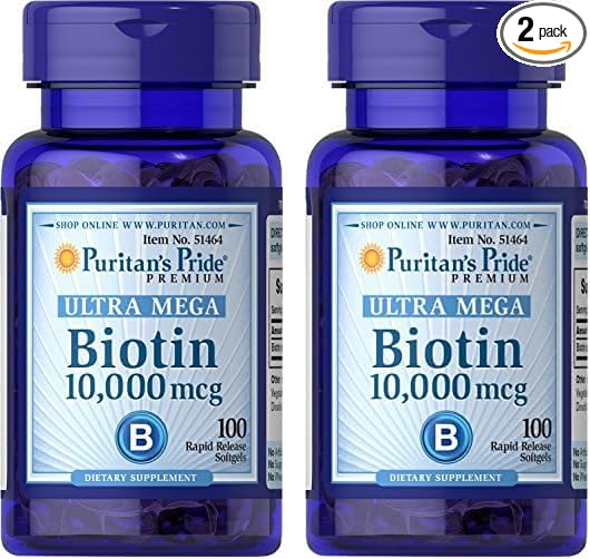 Puritan's Pride Biotin 10000 Mcg, Helps Promote Skin, Hair and Nail Health, Softgels 100 Count (Pack of 2)