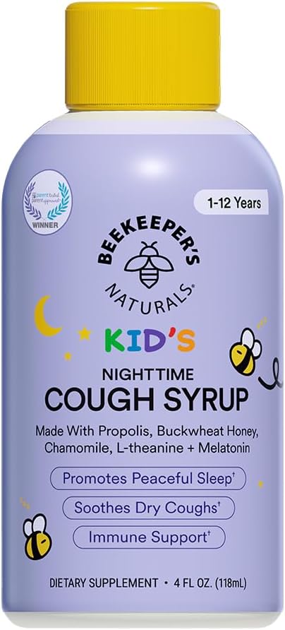 Beekeeper's Naturals Propolis Honey Cough Syrup Nighttime for Kids Immune Support with Propolis, Elderberry & Raw Honey - Sleep Support with Chamomile & L-Theanine - Gluten Free, 4 oz.