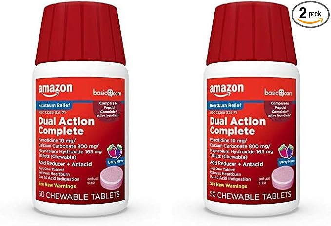 Amazon Basic Care Dual Action Complete, Chewable Acid Reducer Plus Antacid Tablets, Berry Flavor, Heartburn Medicine, Acid Indigestion Relief, 50 Count (Pack of 2)