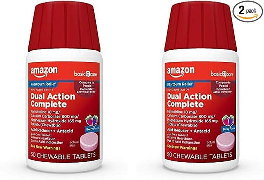 Amazon Basic Care Dual Action Complete, Chewable Acid Reducer Plus Antacid Tablets, Berry Flavor, Heartburn Medicine, Acid Indigestion Relief, 50 Count (Pack of 2)