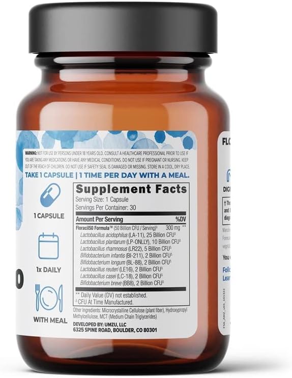 UMZU Floracil50 Probiotic for Women + Men - 50 Billion CFU for Gut Health, Acidophilus, Rhamnousus, Digestion, Gut Health, Immunity, Energy - 30-Day Supply (30 Capsules)