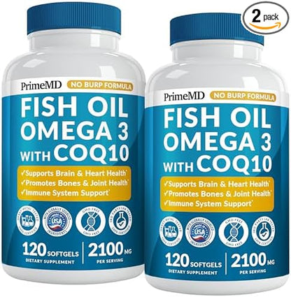 5-in-1 Fish Oil Omega 3 Supplements (2100mg) - Fish Oil with Vitamins D3 & K2 and CoQ10 - EPA DHA Omega 3 Supplement - Lemon Flavored Fatty Acid Supplements, Pack of 2