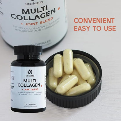 Multi Collagen Complex - 120 Capsules for Men and Women with Type I, II, III, V, X - Hydrolyzed Collagen Peptides, Turmeric Extract Ginger Extract Hyaluronic Acid for Bone and Joint Support Hair Skin