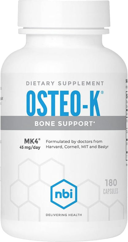 Osteo-K Bone Support | Vitamin D & K Complex with Calcium Citrate Supplement | 45mg Vitamin K2 (MK4) for Strong Bone Health & Function | 180ct Veggie Capsules