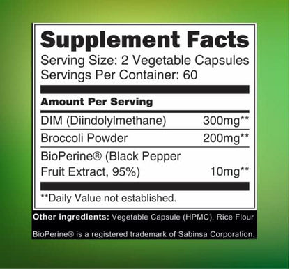 DIM Supplement 300mg with Broccoli 200mg BioPerine 10mg-Hormone and Estrogen Balance for Women & Men,Menopause Relief,PCOS & PMS Support,Hormonal Acne Treatment-120 Caps,Diindolylmethane 150mg per Cap