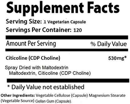 Absonutrix Citicoline CDP Choline 530mg, Nootropic Supplement, GMP Certified, Third-Party Tested, Easy to Swallow, 120 Veg caps, Improves Cognitive Skills, Supports Memory, Non-GMO, Made in USA