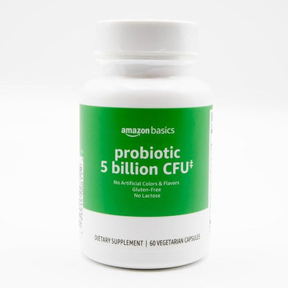 Amazon Basics - Probiotic, 5 Billion CFU, 8 Probiotic strains with 60 mg Prebiotic Blend, 60 Count Vegetarian Capsules, 2 Month Supply, Supports Healthy Digestion (Previously Solimo)