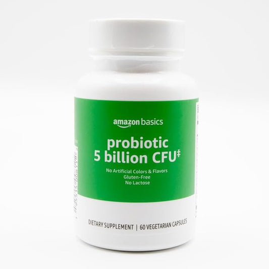 Amazon Basics - Probiotic, 5 Billion CFU, 8 Probiotic strains with 60 mg Prebiotic Blend, 60 Count Vegetarian Capsules, 2 Month Supply, Supports Healthy Digestion (Previously Solimo)