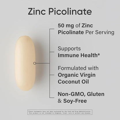 Sports Research High Potency Zinc Picolinate 50mg with Organic Coconut Oil | Highly Absorbable Zinc Supplement for Healthy Immune & Enzyme Function - Non-GMO Tested & Gluten-Free (120 Liquid Softgels)