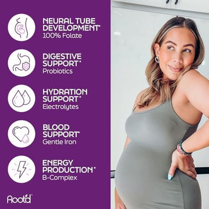 Root'd Prenatal Multivitamin Powder with 3X Electrolytes - 25 Vitamins & Minerals, Folate, Iron, Vitamin D3, 7 Superfoods & Probiotics, Sugar-Free Vitamins & Hydration | 24 Vitamin Drink Mix Packets