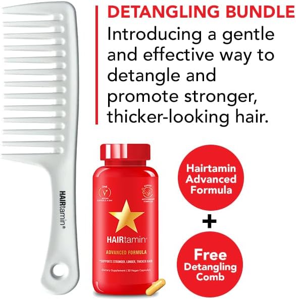 Hairtamin Advanced Vegan Biotin Supplement Pack | Hair, Skin & Nail Vitamins with Gentle Detangling Comb to Promote Growth & Thickness