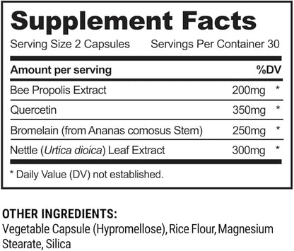 Beekeeper's Naturals All Natural Sinus Support for Adults, Seasonal Nasal Care Relief with Propolis, Quercetin, Bromelain, Nettle Leaf, & Vegan Capsule, Blocks or Suppresses Histamine, 60 ct