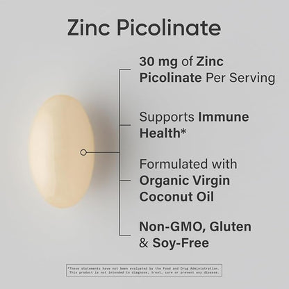 Sports Research High Potency Zinc Picolinate 30mg with Organic Coconut Oil | Highly Absorbable Zinc Supplement for Healthy Immune & Enzyme Function - Non-GMO Tested & Gluten-Free (180 Liquid Softgels)