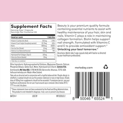 Beauty Supplement, for Hair, Skin and Nails, 60 Capsules, with Vitamin C, Collagen, Biotin and Zinc