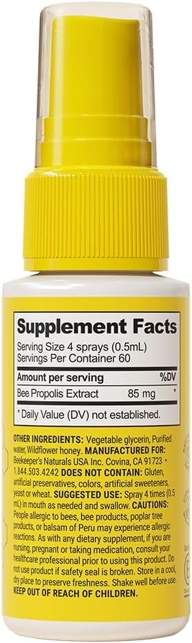 Propolis Throat Spray by Beekeeper's Naturals - 95% Bee Propolis Extract, Natural Immune Support & Sore Throat Relief - Antioxidants, Keto, Paleo, Gluten-Free (1.06 oz)(Pack of 1)