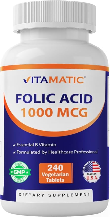 Vitamatic Folic Acid 1000 mcg (1 mg) - Vegetarian Tablets - 1667 mcg DFE - Vitamin B9 (240 Count (Pack of 1))