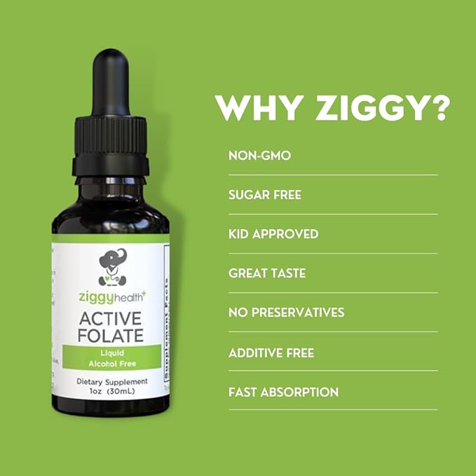 Active Folate Pure Liquid Extract Supplement - L-Methylfolate for Better Absorption, Brain Health, Improve Cellular Function, Support Immune System, Water Soluble B Complex, 1oz - by Ziggy Health