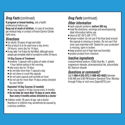 Zegerid OTC 24-Hour Heartburn Relief, The Only Proton Pump Inhibitor with Omeprazole 20mg + Sodium Bicarbonate, Treats Frequent Heartburn, 14ct Capsules
