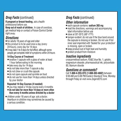 Zegerid OTC 24-Hour Heartburn Relief, The Only Proton Pump Inhibitor with Omeprazole 20mg + Sodium Bicarbonate, Treats Frequent Heartburn, 14ct Capsules