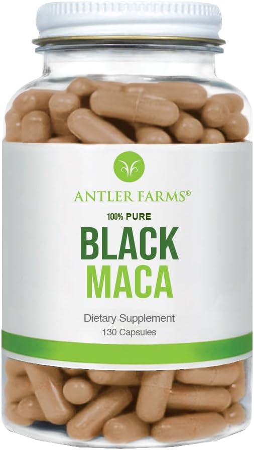 Antler Farms - 100% Pure Black Maca Root, 130 Capsules, 1500mg – Grown in The Junin Plateau in Peru, Male Energy, Vitality & Stamina, Hormonal Balance, Memory & Mental Clarity