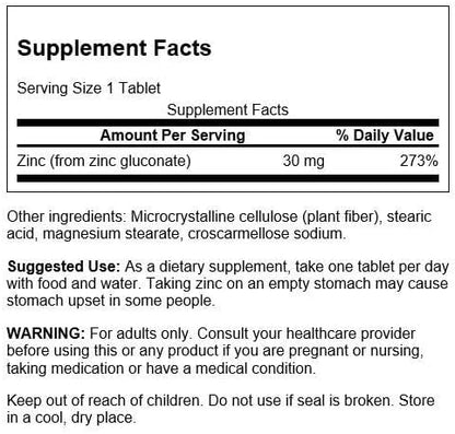 Swanson Zinc Gluconate - Mineral Supplement Promoting Prostate Health, Vision Health, & Immune Support -Gluconate Form for Optimal Absorption - (250 Tablets, 30mg Each)
