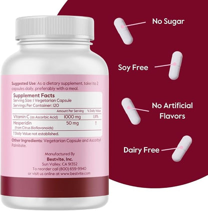 BESTVITE Vitamin C 1000mg (240 Vegetarian Capsules) (120 x 2) with Citrus Bioflavinoids - No Stearates - Vegan - Non GMO - Gluten Free
