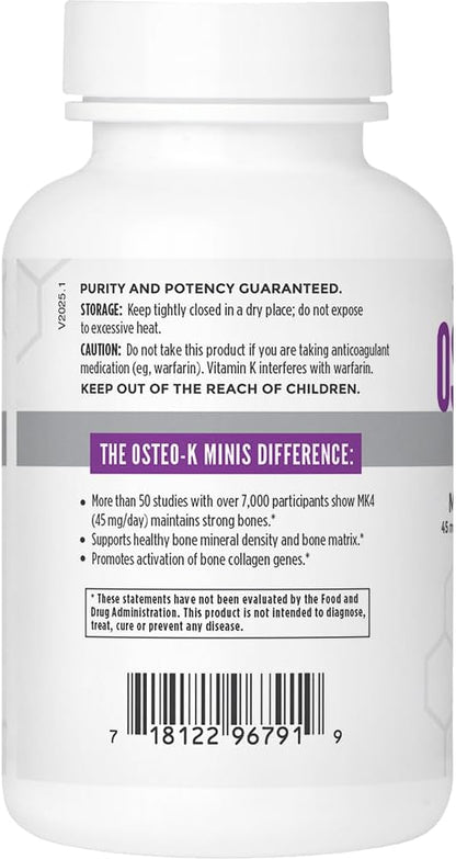 Osteo-K Bone Support - Mini | Vitamin D & K Complex with Calcium Citrate Supplement | 45mg Vitamin K2 (MK4) for Strong Bone Health & Function | 120ct Veggie Capsules