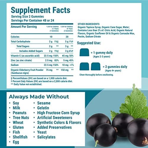 Hyland's Kids Organic Elderberry Plus Gummies, Organic Black Elderberry with ZINC and Vitamin C, Immune Support for Children, 48 Vegan Gummies