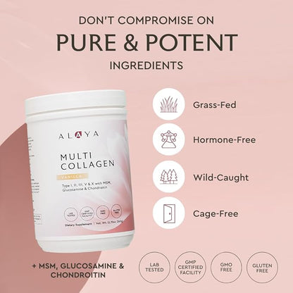 Alaya Multi Collagen Powder - Type I, II, III, V, X Hydrolyzed Collagen Peptides Protein Powder Supplement with MSM + GC (Vanilla)