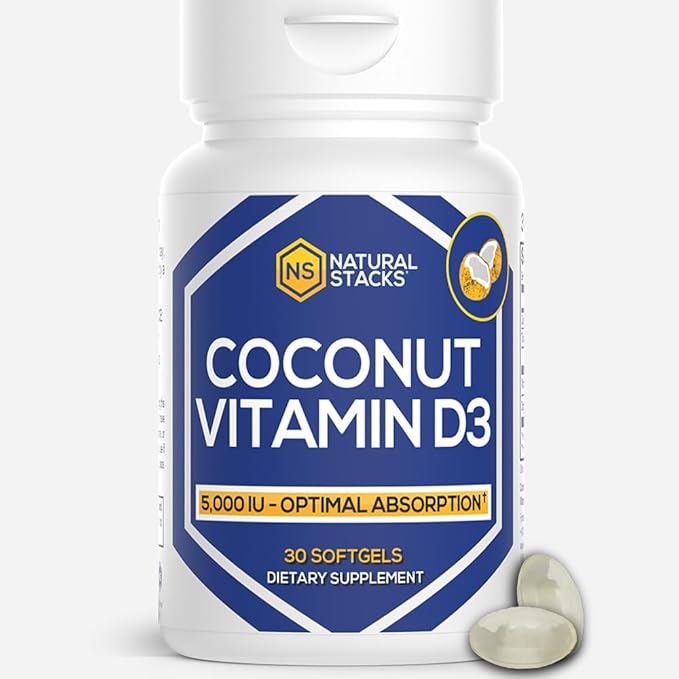 NATURAL STACKS Vitamin D 5000 IU Supplement - with Coconut Oil for Optimal Absorption - Vitamin D Pills for Immunity & Cell Growth - D3 125mcg Cholecalciferol Supplement - 30 D3 Servings
