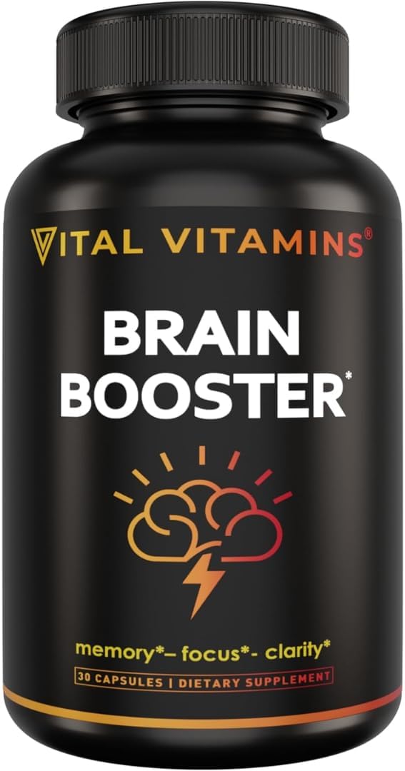 Vital Vitamins Brain Supplements for Memory and Focus – Nootropic Brain Booster with Bacopa Monnieri, Ginkgo Biloba, Rhodiola – Caffeine-Free Support for Adults & Seniors – 30-Day Supply, 30 Capsules